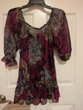 Xhilaration Paisley Smocked Peasant Top - Burgundy, Teal, Gold